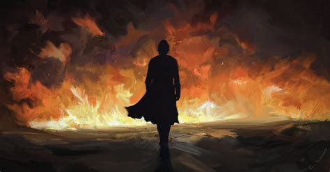 man walking through fire